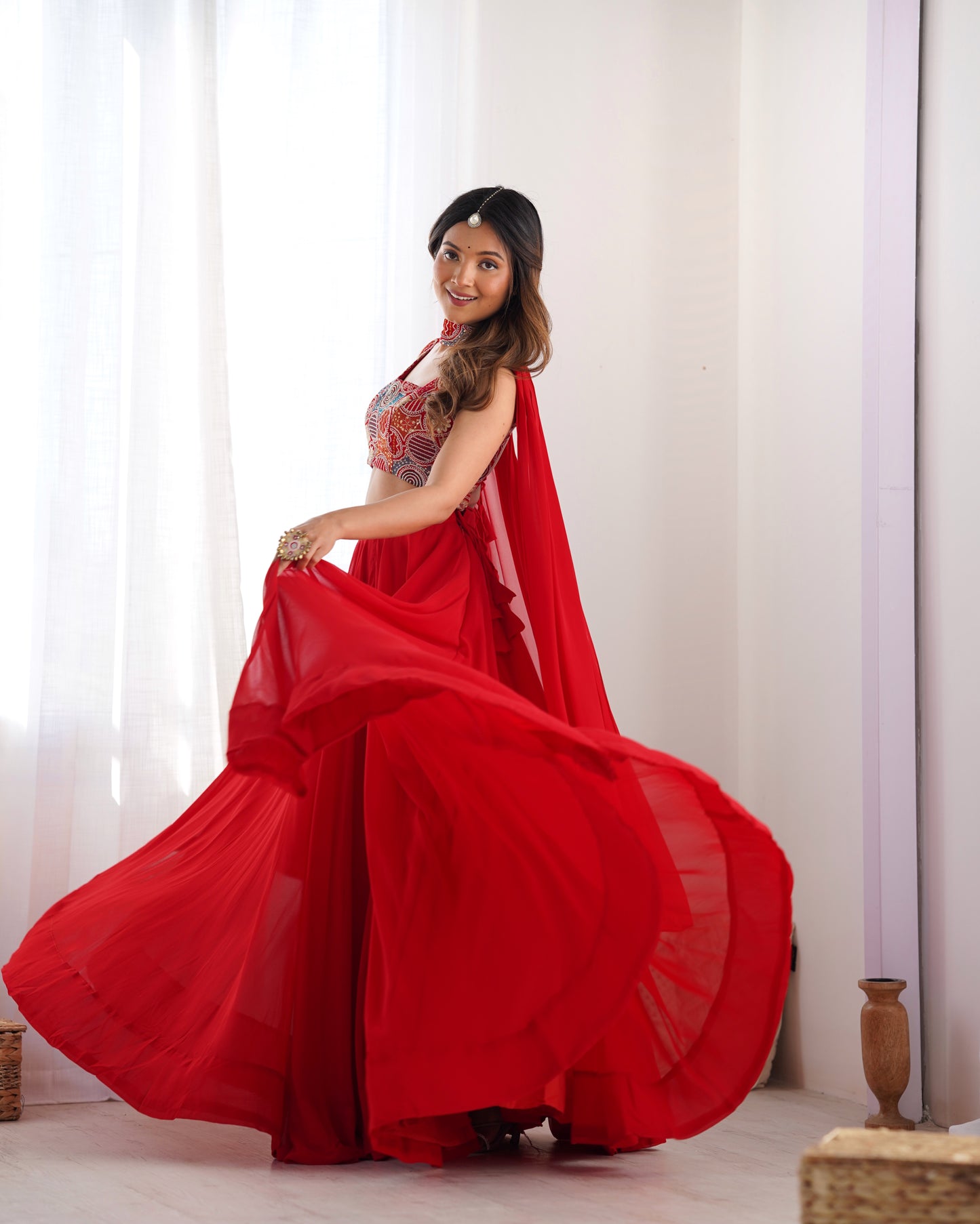 Pure Soft Fox Georgette Lehenga Choli Set Red - Yashodhara Lifestyle