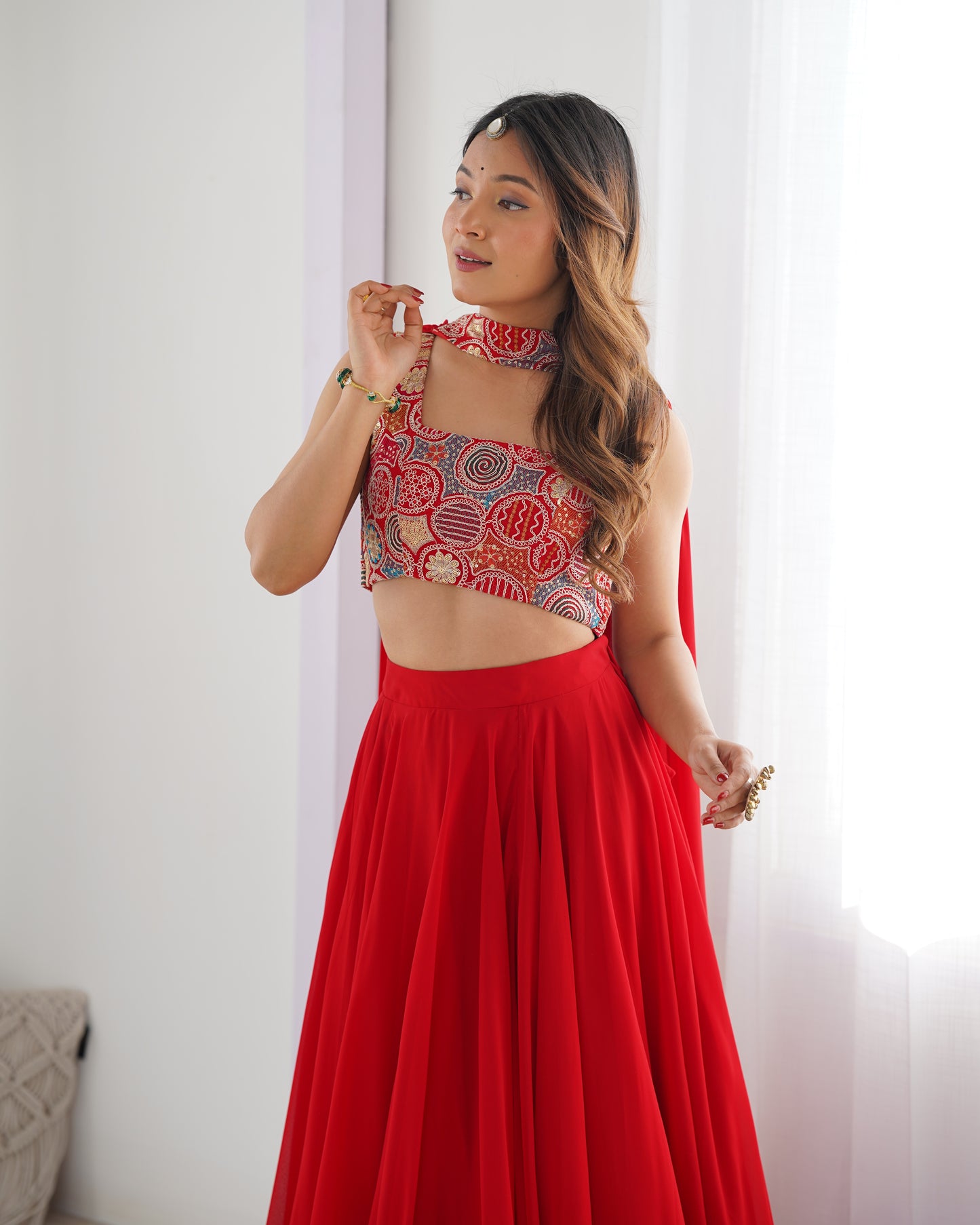 Pure Soft Fox Georgette Lehenga Choli Set Red - Yashodhara Lifestyle
