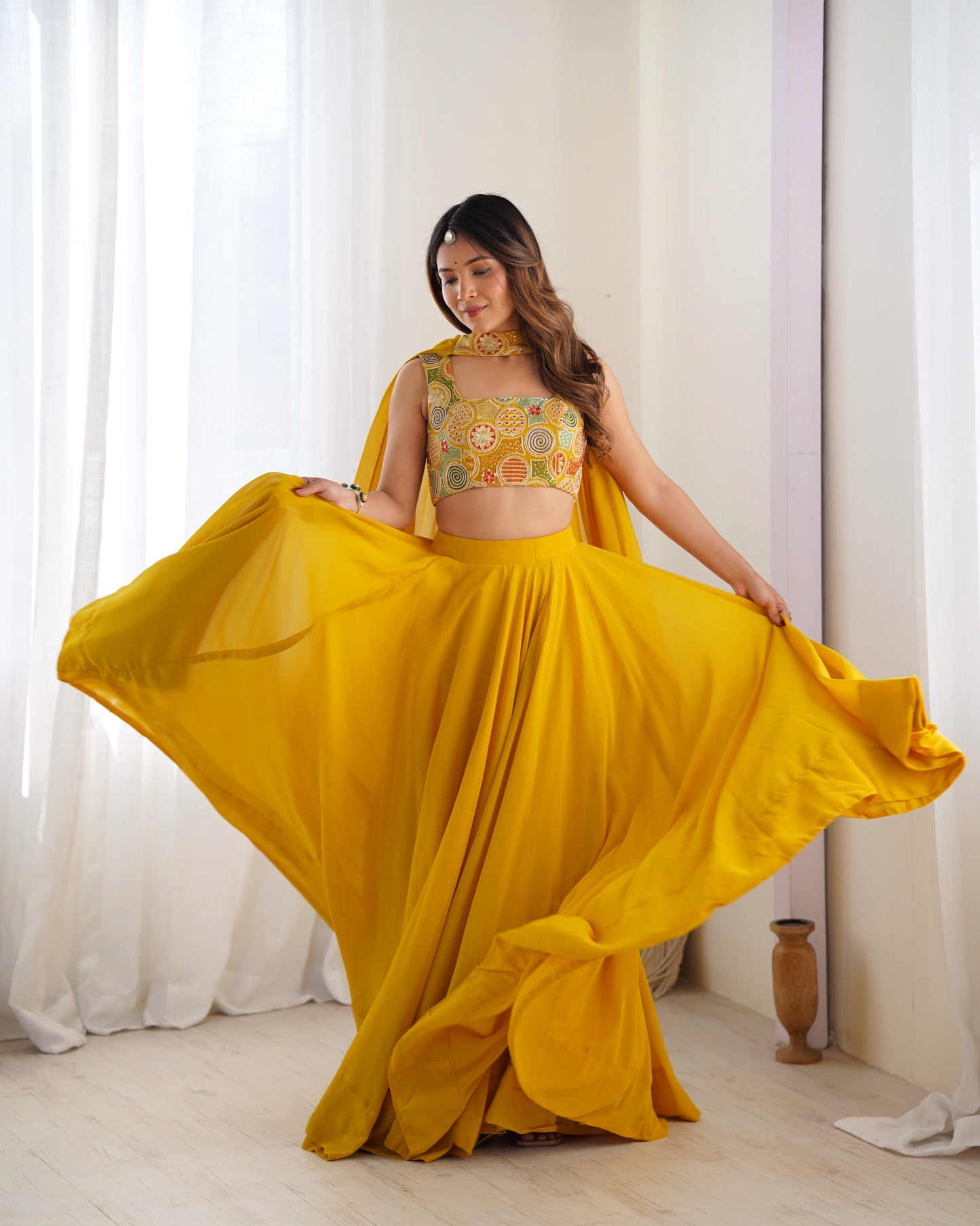 Pure Soft Fox Georgette Lehenga Choli Set Yellow - Yashodhara Lifestyle