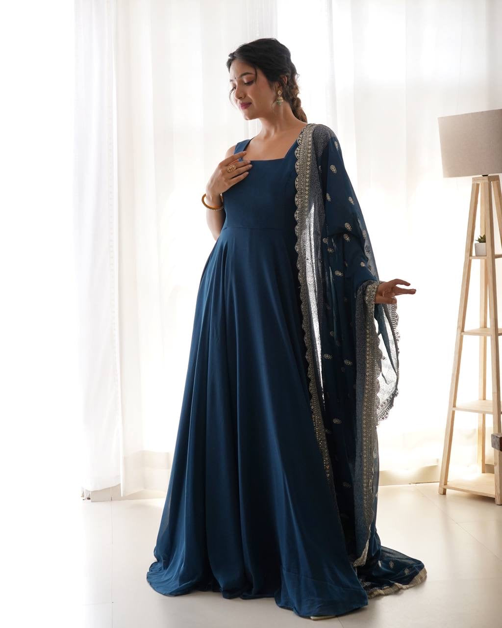 Pure soft fox Georgette full flair blue gown with fancy embroidery - Yashodhara Lifestyle