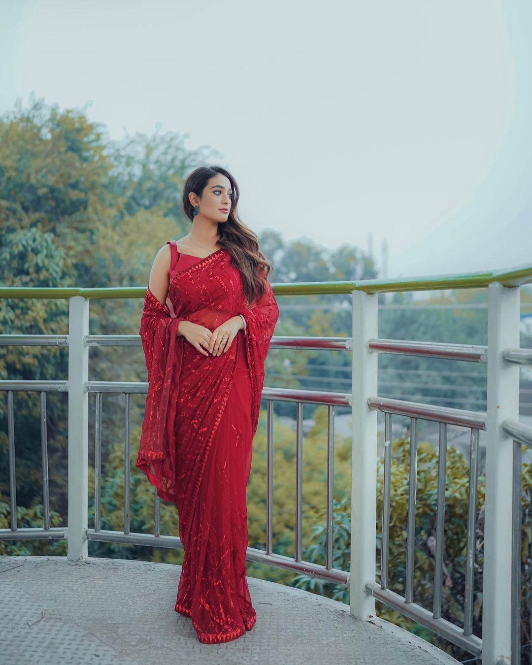 Red Georgette Sequins Saree With Stitched Silk Blouse - Yashodhara Lifestyle
