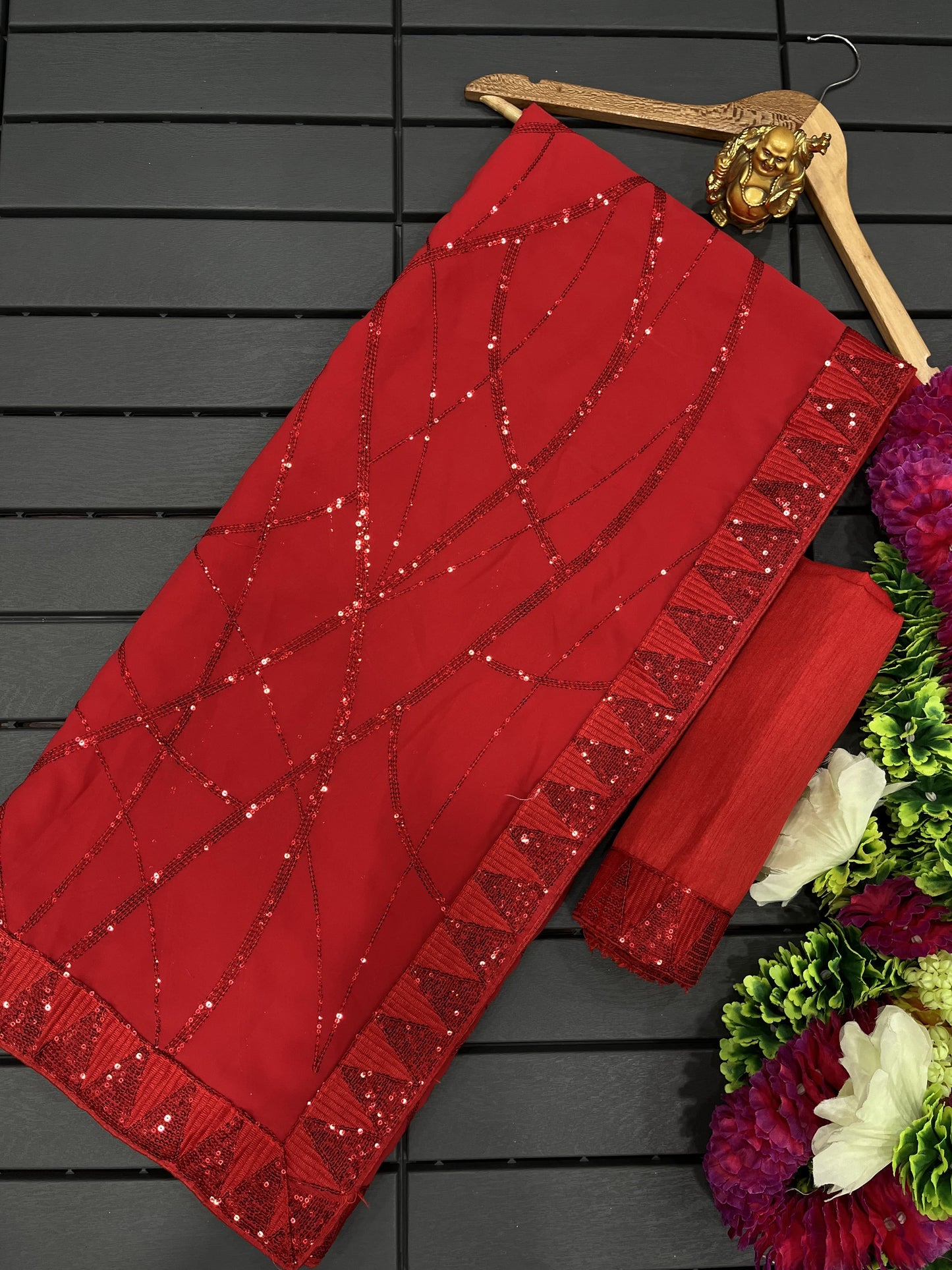 Red Georgette Sequins Saree With Stitched Silk Blouse - Yashodhara Lifestyle