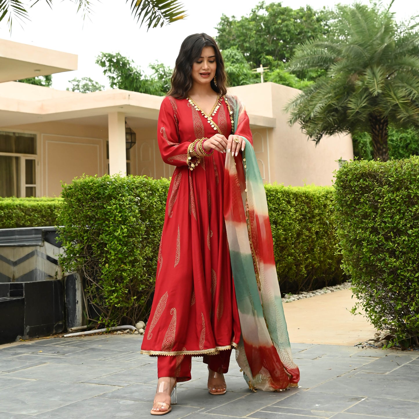 Red Heavy Rayon Foil Printed Anarkali Pant and Dupatta Set - Yashodhara Lifestyle