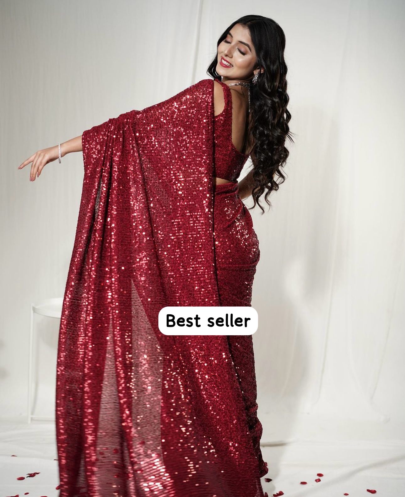 Red Sequins Georgette Saree With Stitched Blouse - Yashodhara Lifestyle