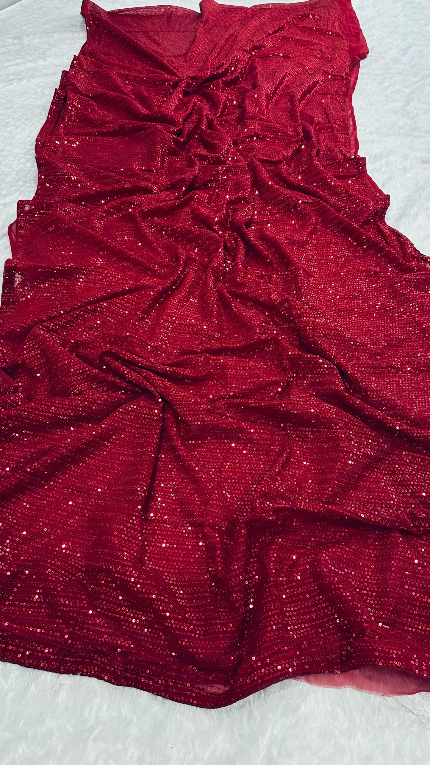 Red Sequins Georgette Saree With Stitched Blouse - Yashodhara Lifestyle