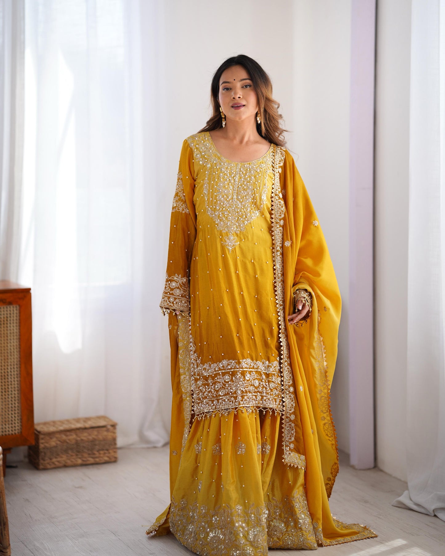 Stunning Mustard Chinon Silk Sharara Set - Yashodhara Lifestyle