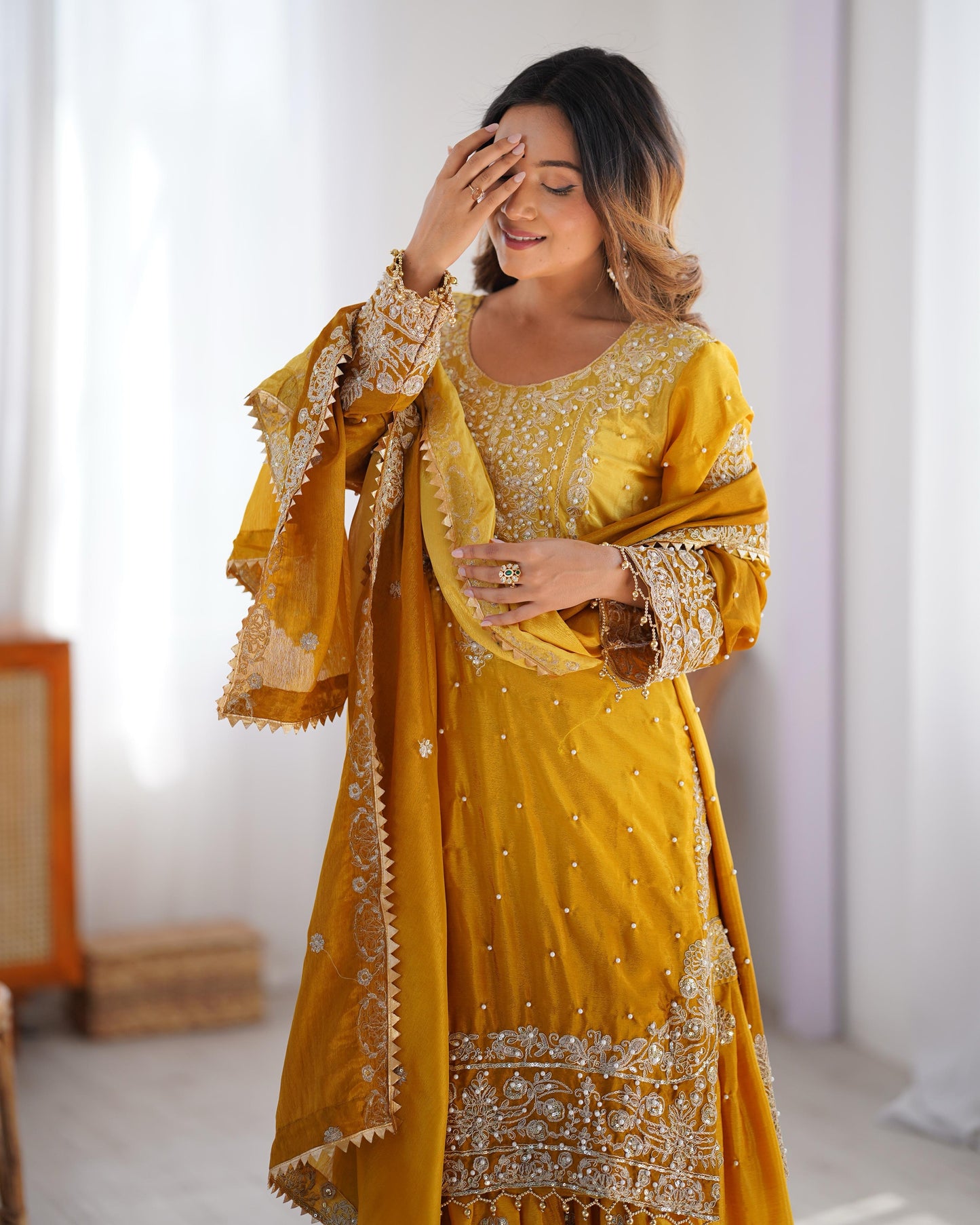Stunning Mustard Chinon Silk Sharara Set - Yashodhara Lifestyle