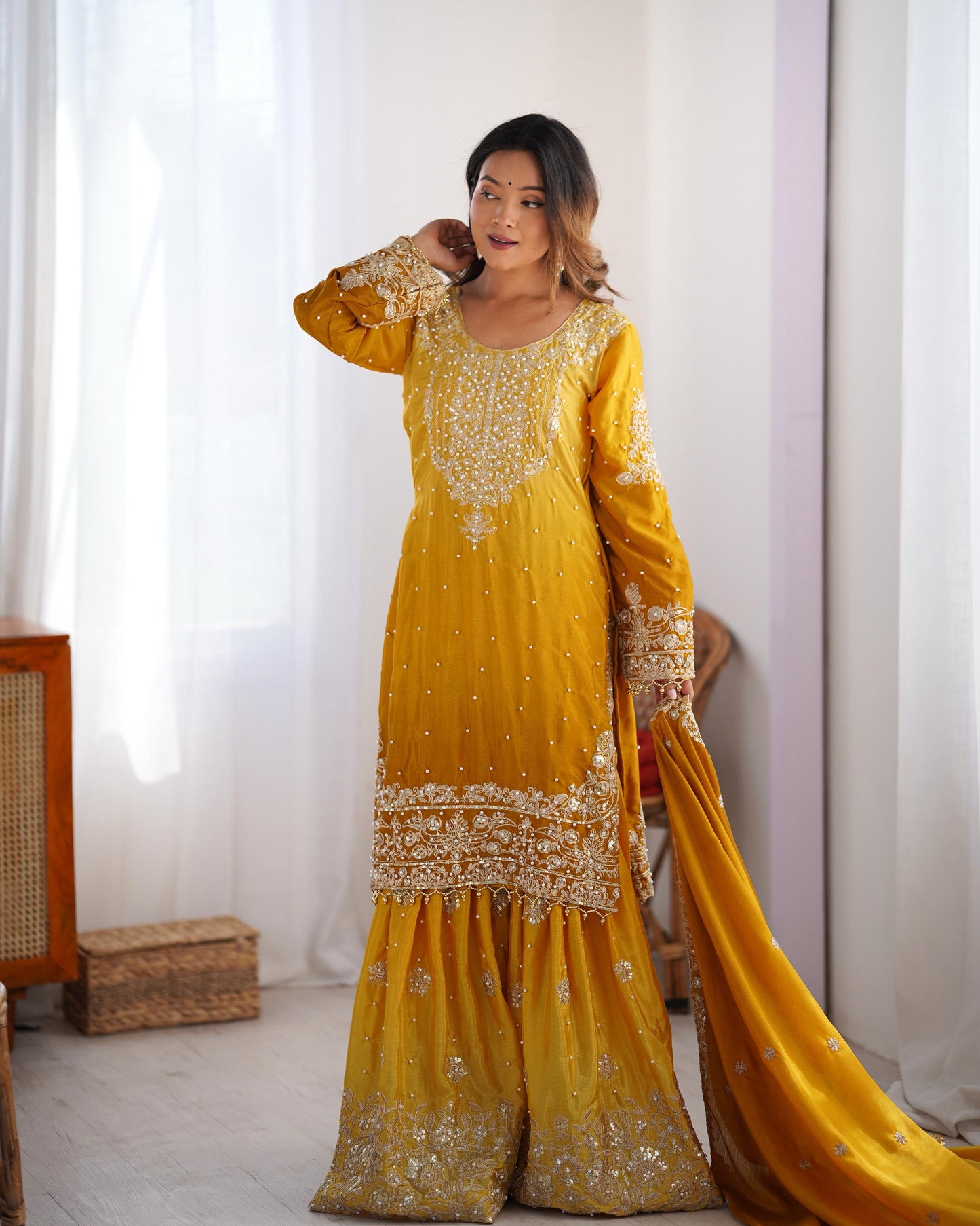Stunning Mustard Chinon Silk Sharara Set - Yashodhara Lifestyle