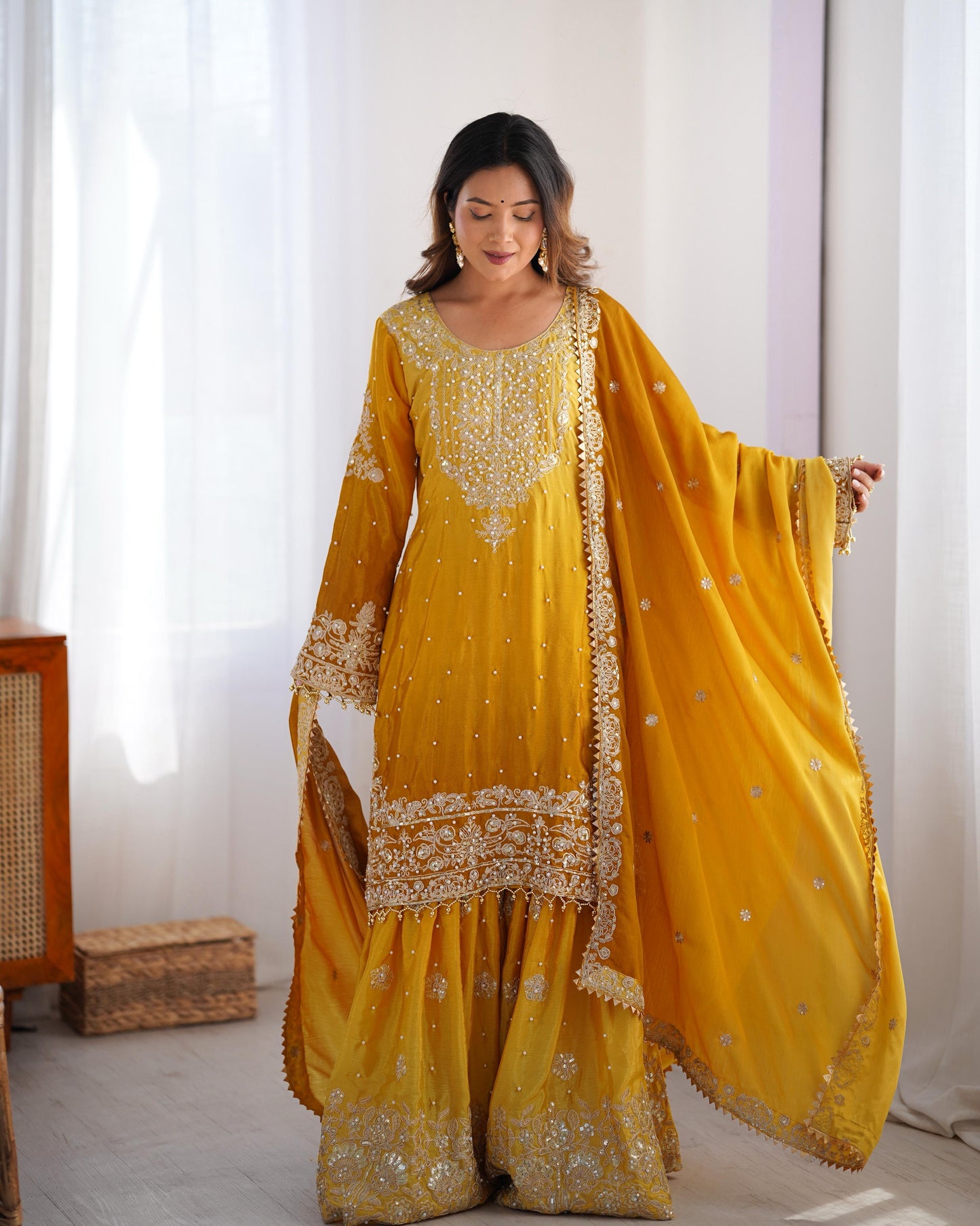 Stunning Mustard Chinon Silk Sharara Set - Yashodhara Lifestyle