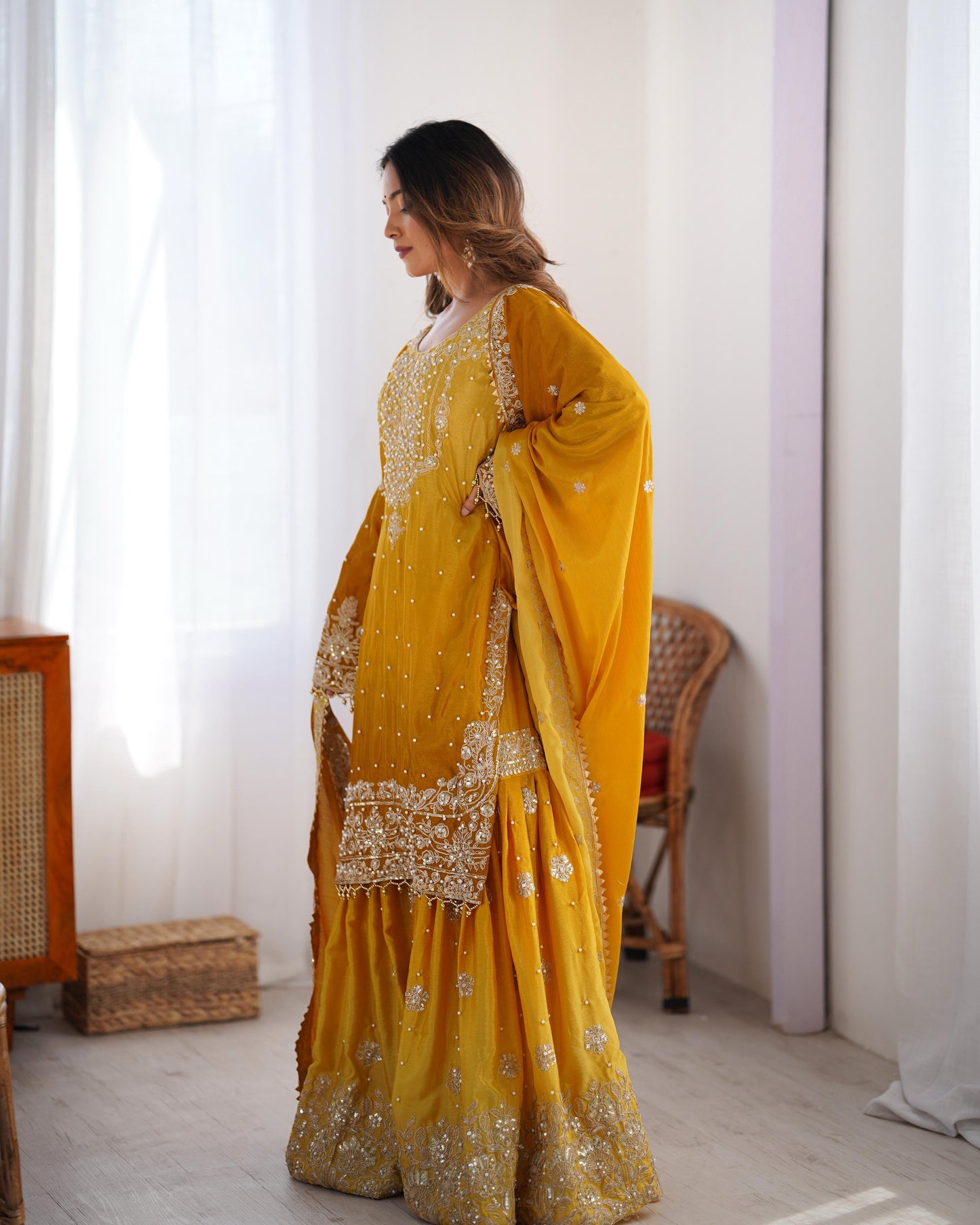 Stunning Mustard Chinon Silk Sharara Set - Yashodhara Lifestyle