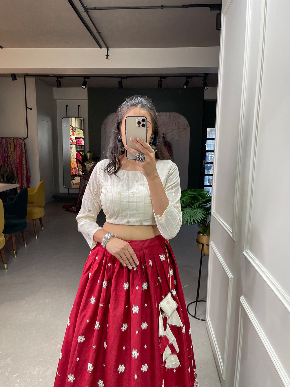 Wine cotton Lehenga with White Stitched Blouse - Yashodhara Lifestyle