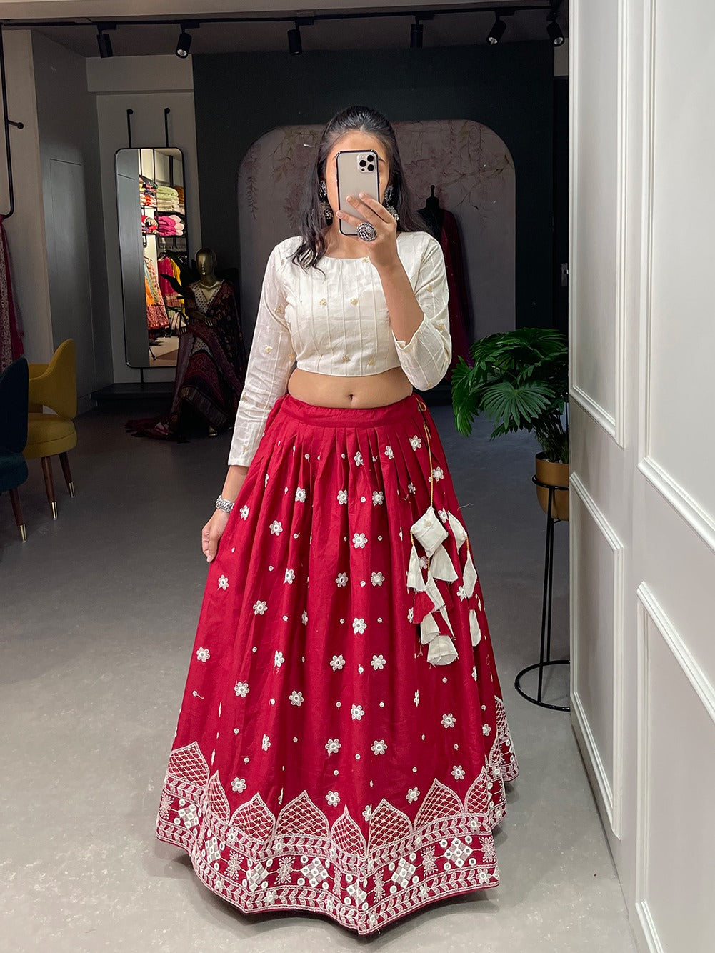 Wine cotton Lehenga with White Stitched Blouse - Yashodhara Lifestyle