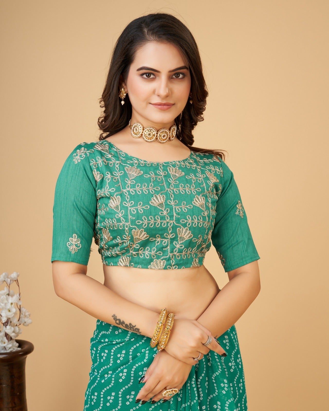 Yashodhara Bandhni print with Zari embroidery work lace Saree Green - Yashodhara Lifestyle