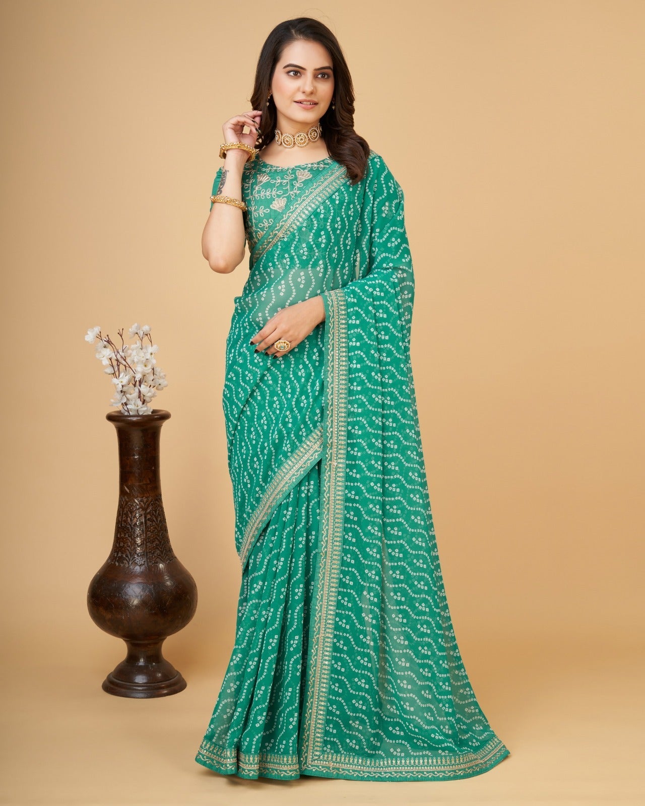 Yashodhara Bandhni print with Zari embroidery work lace Saree Green - Yashodhara Lifestyle
