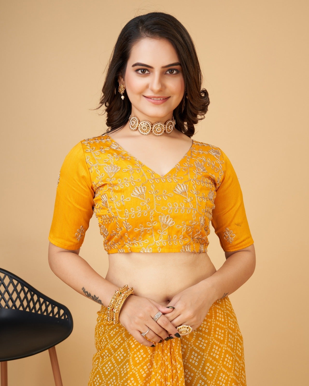 Yashodhara Bandhni print with Zari embroidery work lace Saree Yellow - Yashodhara Lifestyle