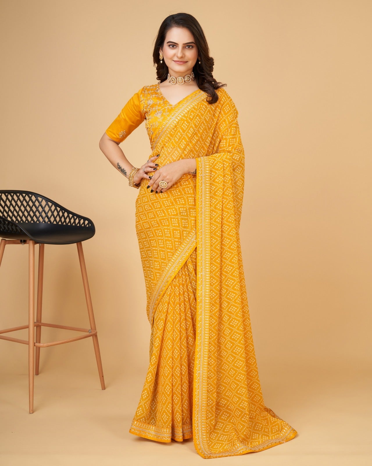 Yashodhara Bandhni print with Zari embroidery work lace Saree Yellow - Yashodhara Lifestyle
