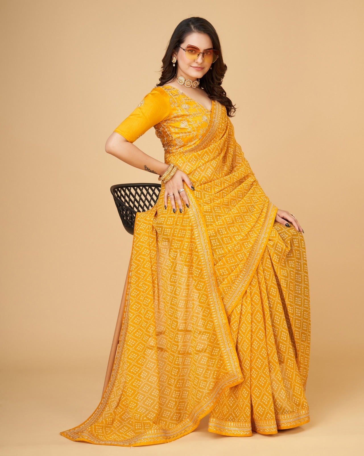 Yashodhara Bandhni print with Zari embroidery work lace Saree Yellow - Yashodhara Lifestyle