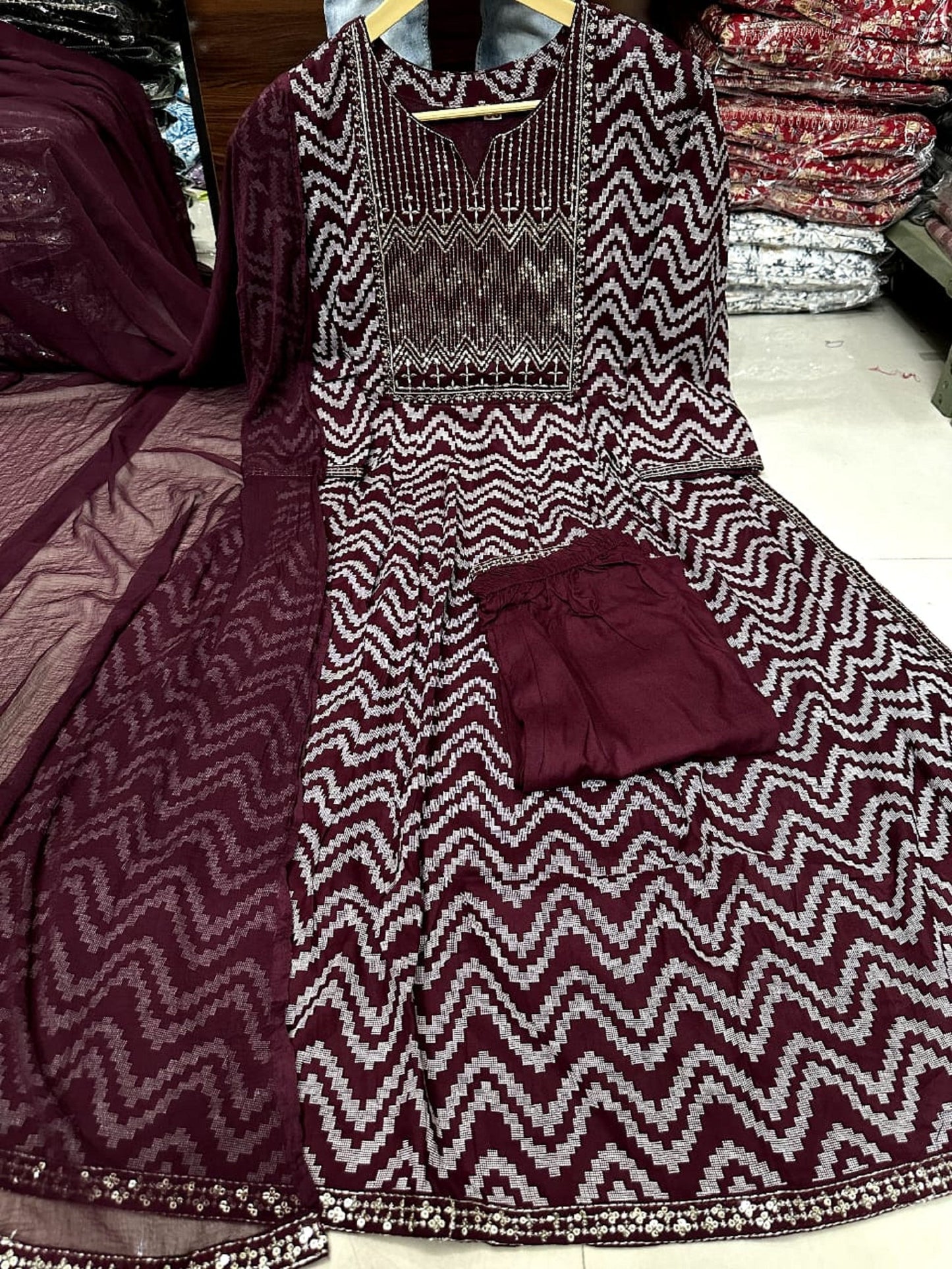 Diva printed Nayra cut kurti pants and dupatta set (Brown)