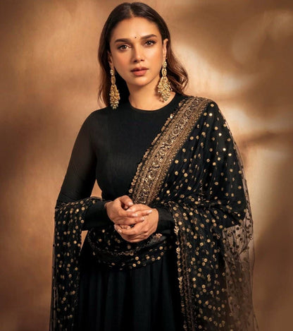 Designer Faux Georgette Gown with Embroidered Dupatta Black