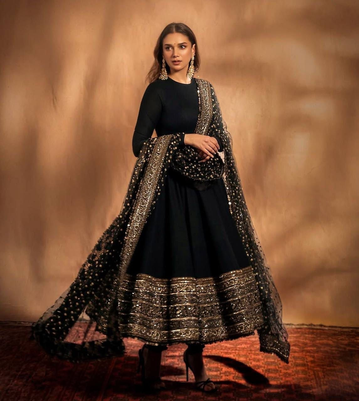 Designer Faux Georgette Gown with Embroidered Dupatta Black