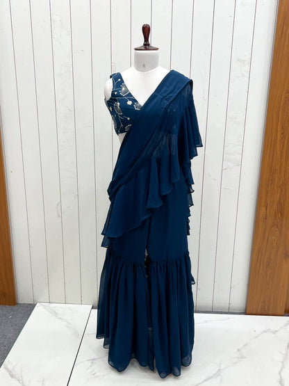 Ready-to-Wear Sharara Saree with Embroidered Blouse – Teal Blue