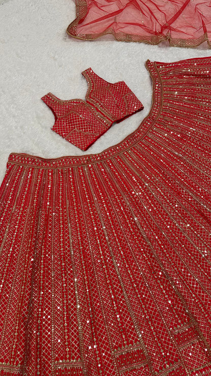 Red Party Wear Satin Lehenga with Handwork & Stitched Blouse