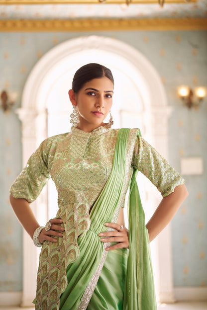 Premium Ready-to-Wear Chinon Drape Saree with Embroidered Stitched Blouse - Green