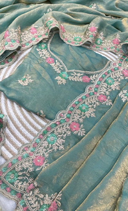 Party Wear Saree in Satin Silk with Embroidery & Sequin Work with Stitched Blouse