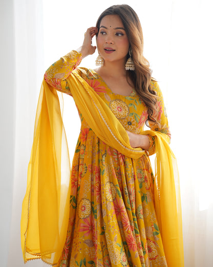 Elegant Floral Printed kediya kurta palazzo Set – Yellow