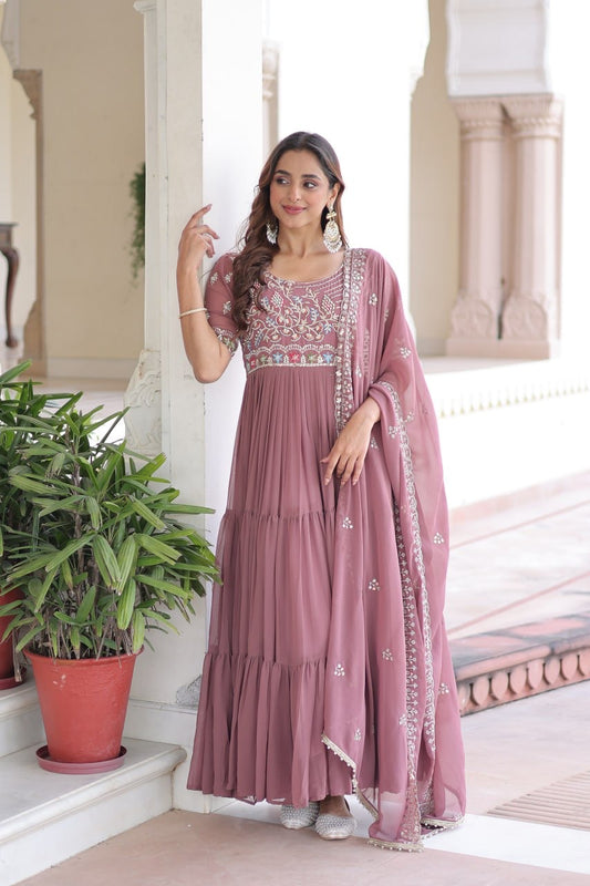 Premium Ready-Made Designer Gown with Embroidered Dupatta (dusty rose)