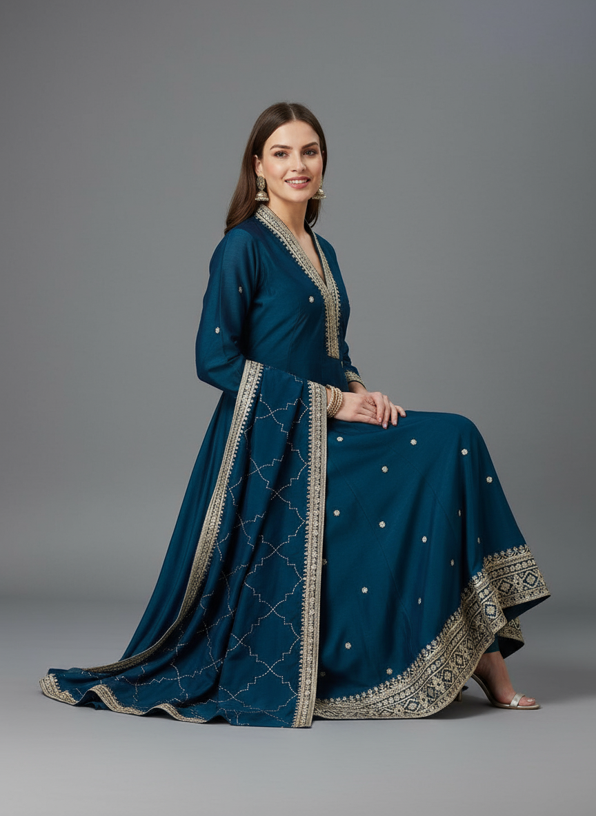 Elegant Vichitra Silk Anarkali Kurti Pant Set with Embroidery & Dupatta – Party & Festive Wear for Women (blue)