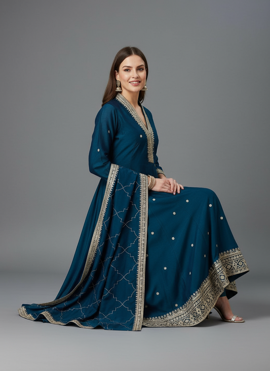Elegant Vichitra Silk Anarkali Kurti Pant Set with Embroidery & Dupatta – Party & Festive Wear for Women (blue)