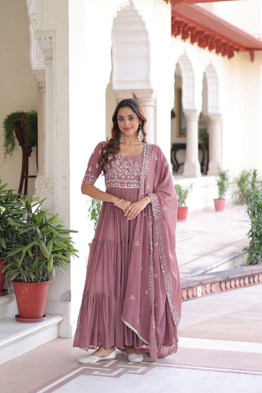 Premium Ready-Made Designer Gown with Embroidered Dupatta (dusty rose)