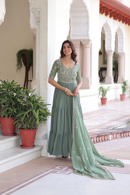 Premium Ready-Made Designer Gown with Embroidered Dupatta (pastel pista)