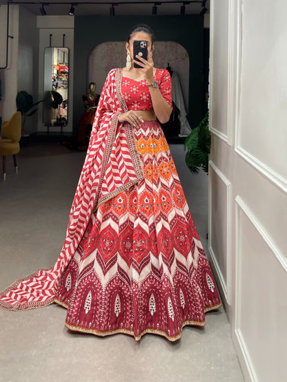 Printed Vaishali Silk Lehenga Choli (Orange)