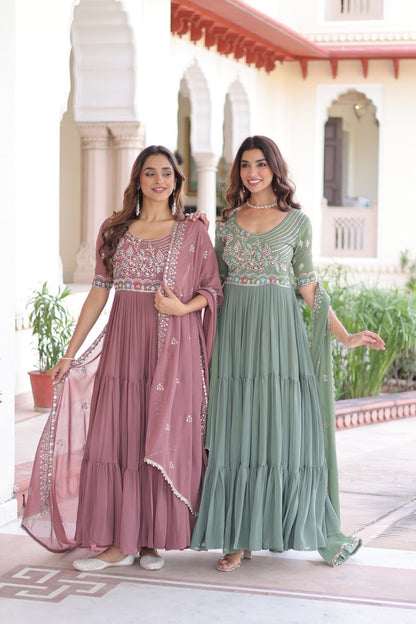 Premium Ready-Made Designer Gown with Embroidered Dupatta (dusty rose)