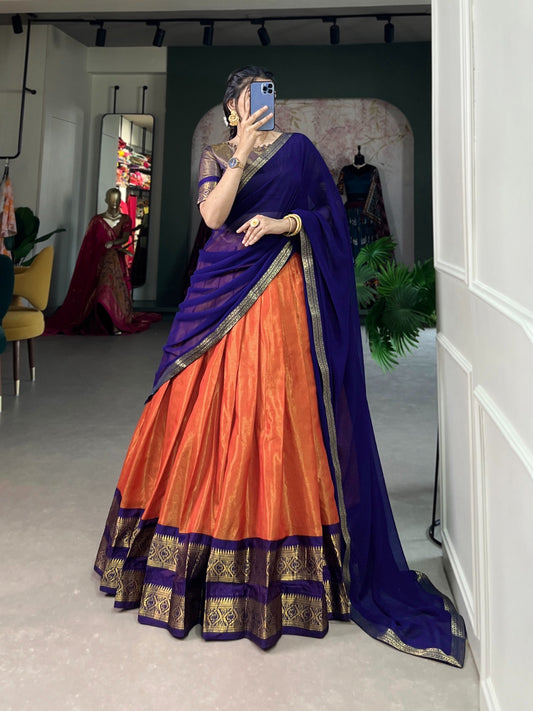 Orange Kanchipuram Silk Lehenga with Stitched Blouse