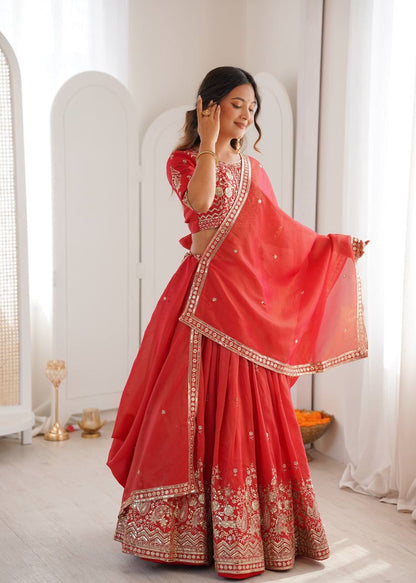 Heavy Simar Silk Lehenga Set with Thread & Sequin Work | 3-Meter Flair | Full-Stitched Orange