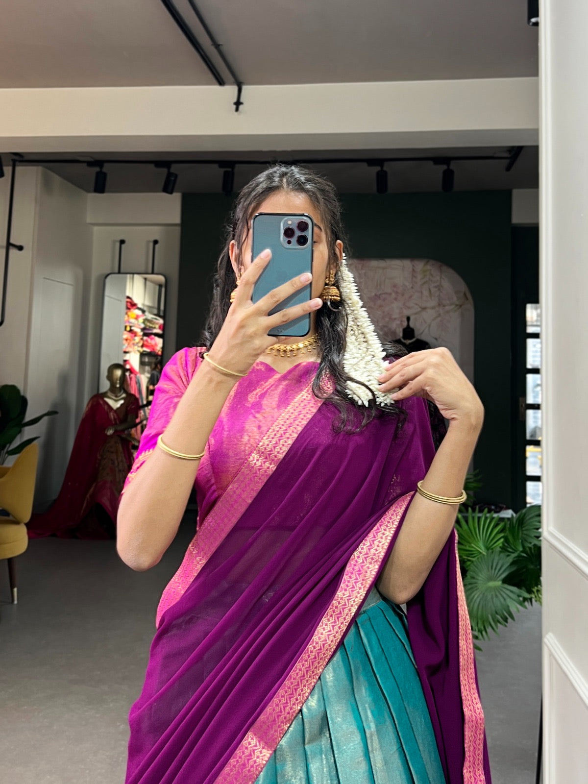 Sky Blue Kanchipuram Silk Lehenga with Stitched Blouse