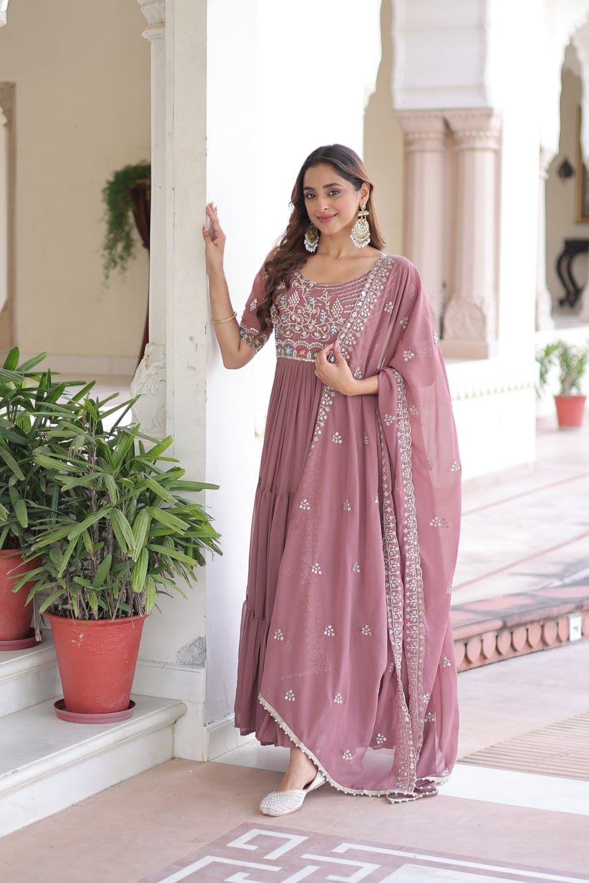 Premium Ready-Made Designer Gown with Embroidered Dupatta (dusty rose)