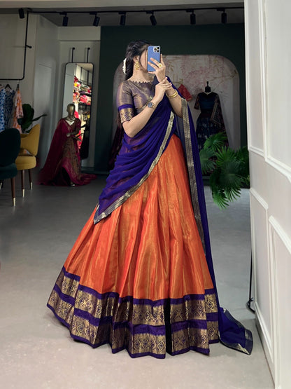 Orange Kanchipuram Silk Lehenga with Stitched Blouse