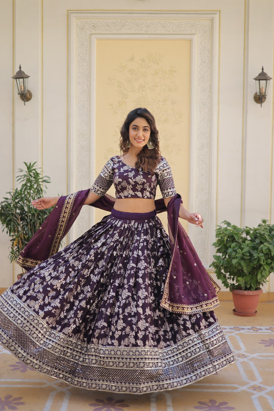 Designer Viscose Jacquard Fabric Lehenga choli & Dupatta Set Full Stitched (Wine)