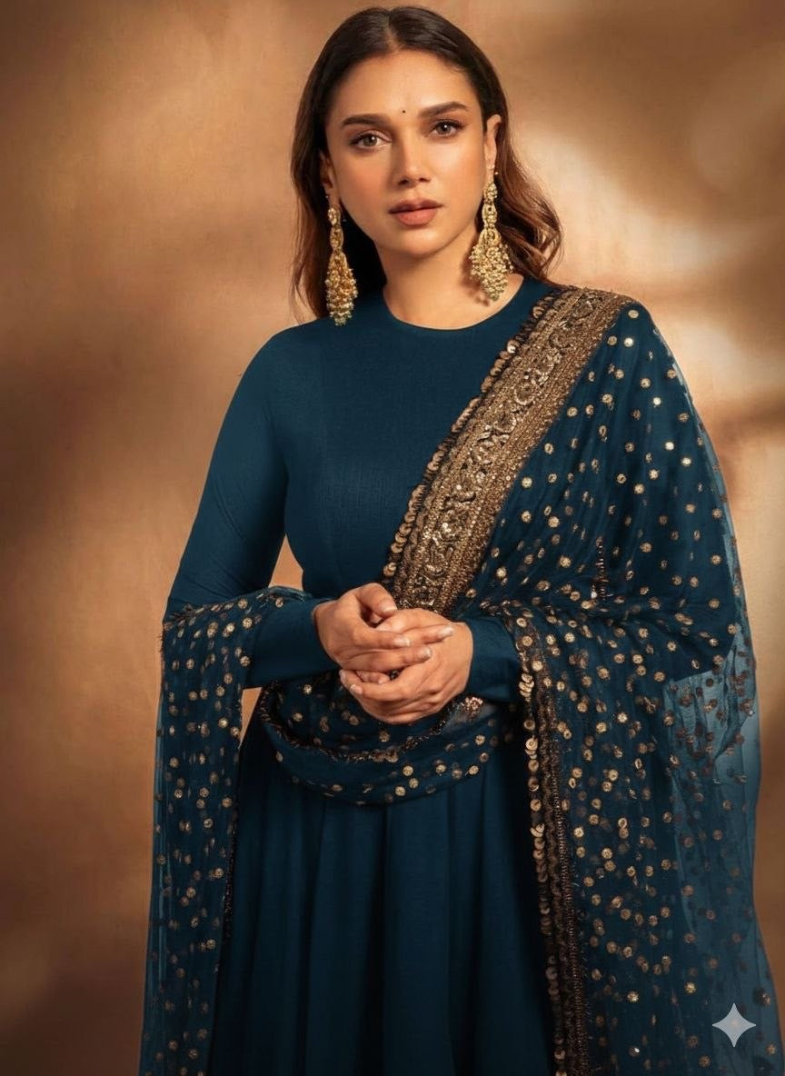 Designer Faux Georgette Gown with Embroidered Dupatta Blue