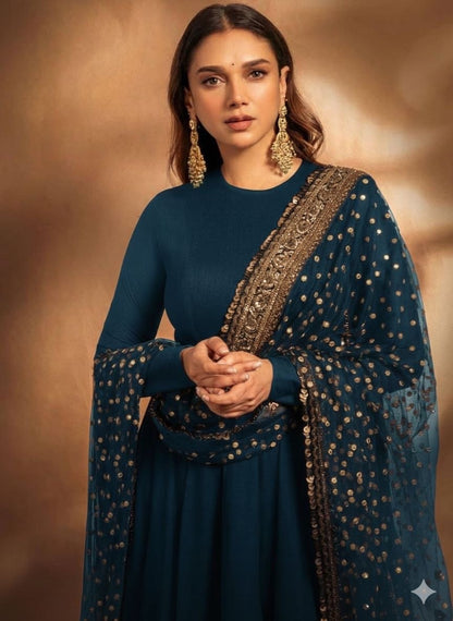 Designer Faux Georgette Gown with Embroidered Dupatta Blue