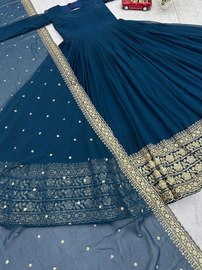 Designer Faux Georgette Gown with Embroidered Dupatta Blue
