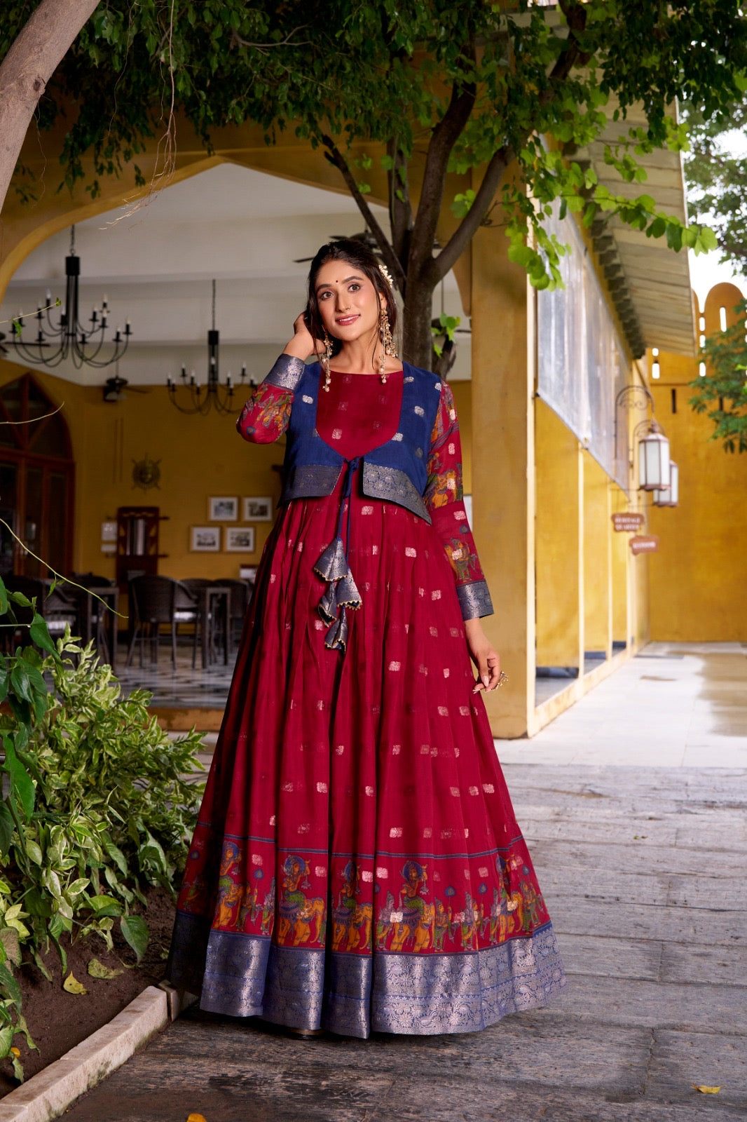 Kalamkari Print Poly Cotton Gown with Zari Weaving Koti