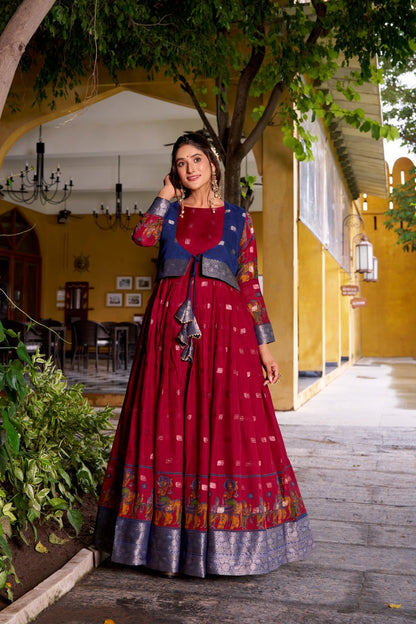 Kalamkari Print Poly Cotton Gown with Zari Weaving Koti