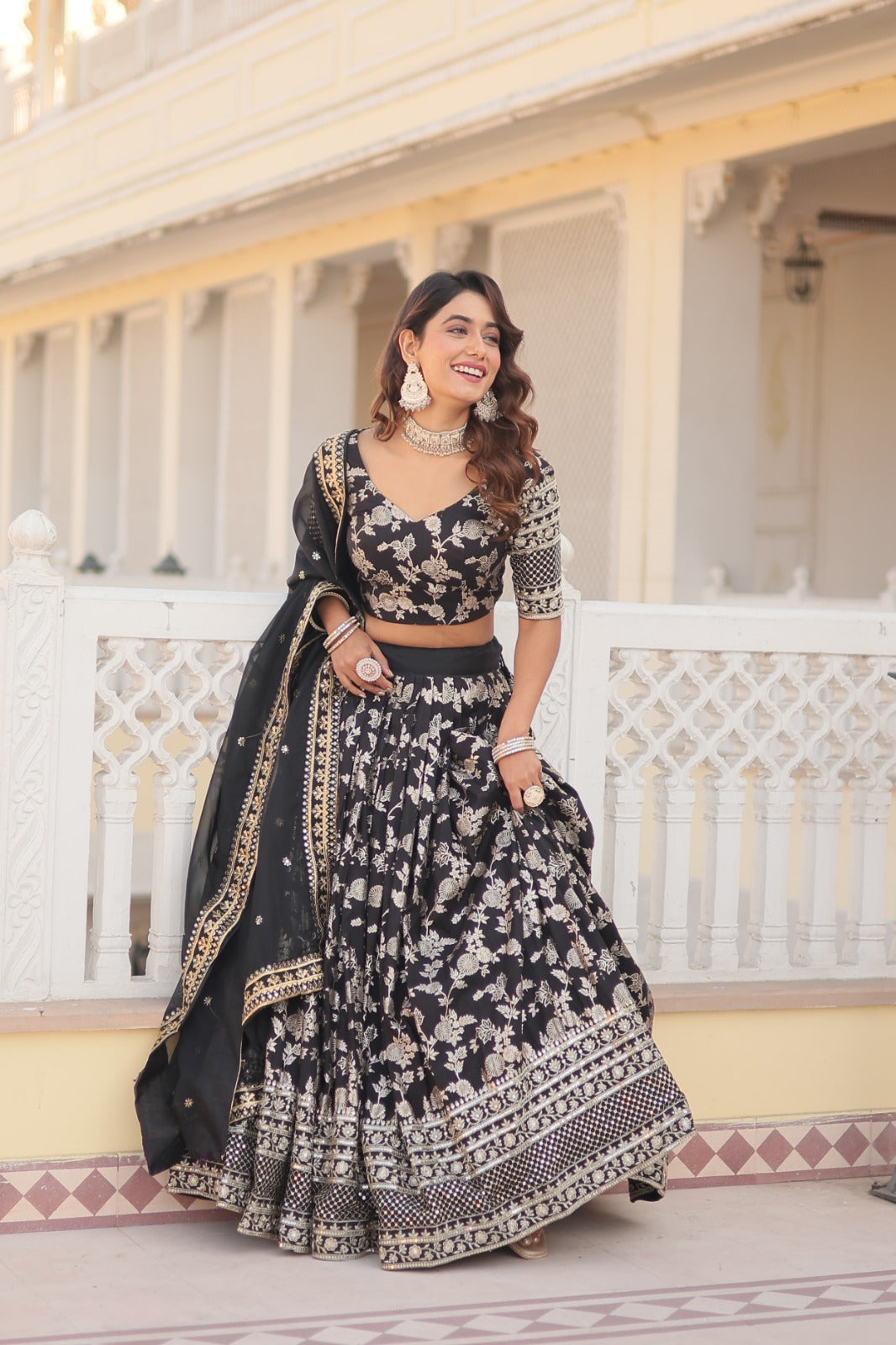 Designer Viscose Jacquard Fabric Lehenga choli & Dupatta Set Full Stitched (Black)