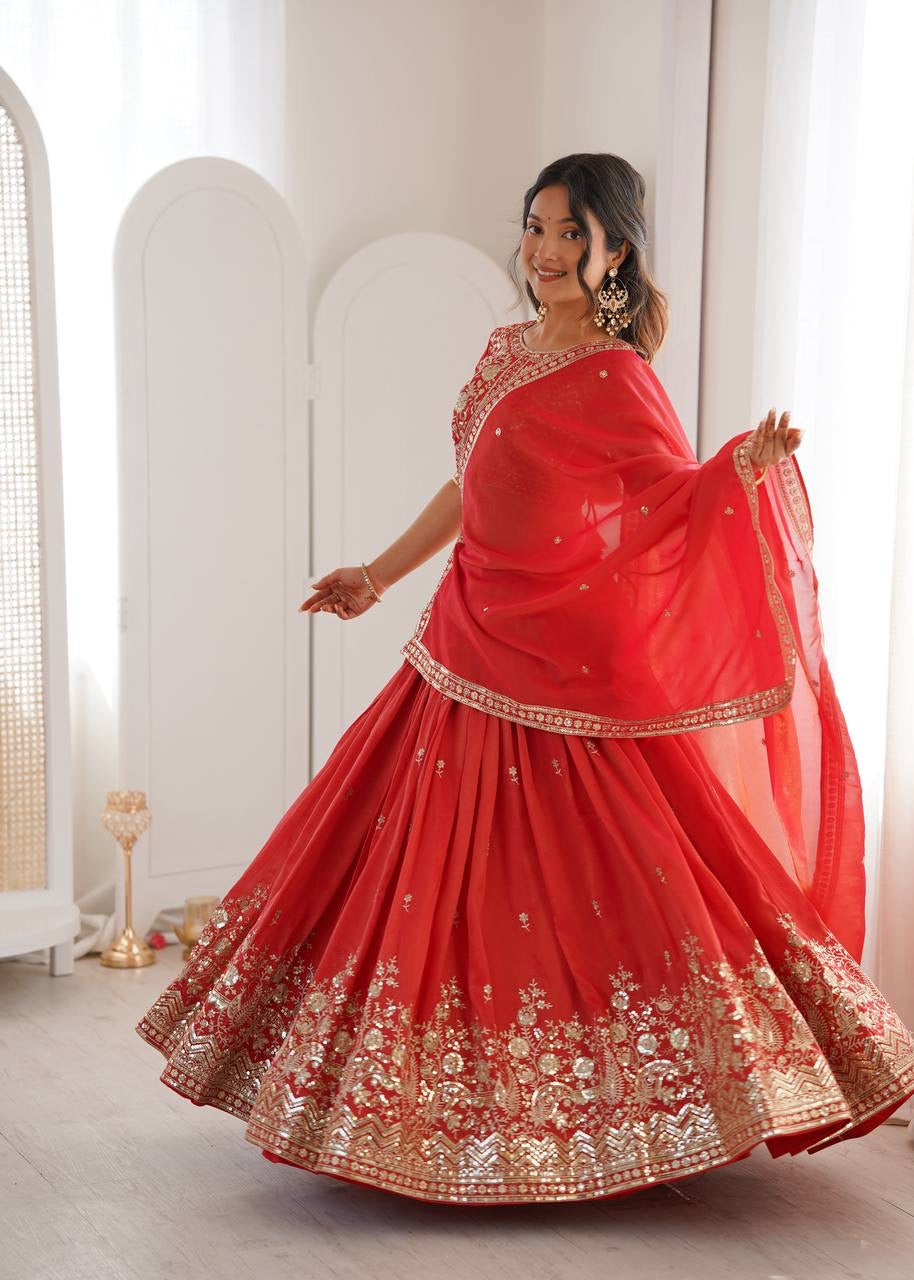 Heavy Simar Silk Lehenga Set with Thread & Sequin Work | 3-Meter Flair | Full-Stitched Orange
