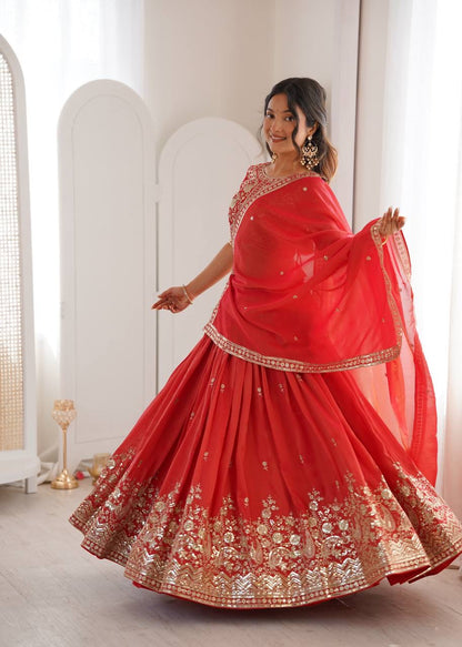 Heavy Simar Silk Lehenga Set with Thread & Sequin Work | 3-Meter Flair | Full-Stitched Orange